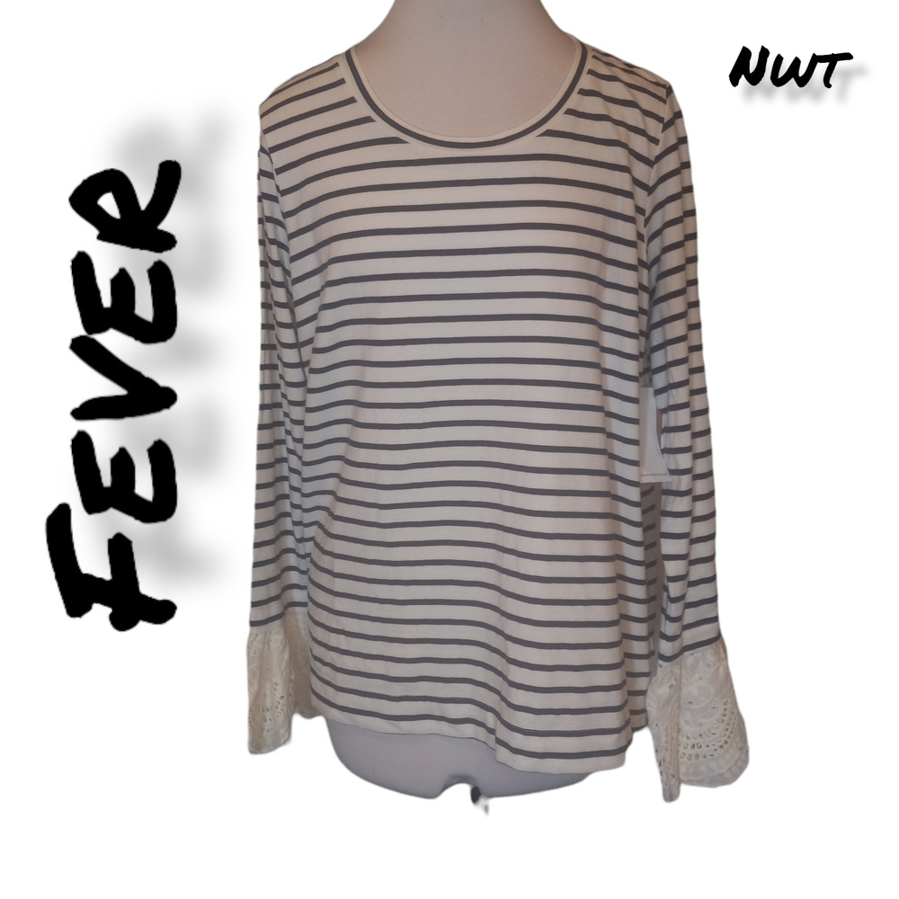 NWT Fever Crewneck Striped Eyelet Long Sleeve Top Large